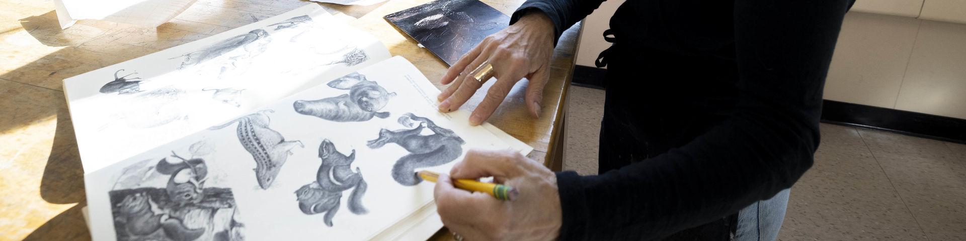 woman holding pencil with drawing booklet